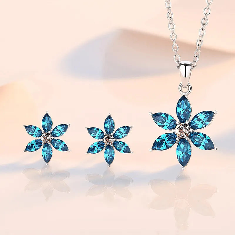 Blue Flowery Swarovski Crystal Silver Necklace Set
