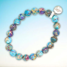 Load image into Gallery viewer, Blue Jasper Stone Flat Silver Bead Bracelet 8mm displayed from a different angle, highlighting its unique stone patterns and flat silver beads.