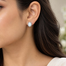 Load image into Gallery viewer, Blue Opal gemstone earrings worn on a model ear, crafted in 925 sterling silver - MysticFlavia