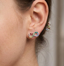 Load image into Gallery viewer, Woman wearing colorful infinity crystal earring, close-up on ear.