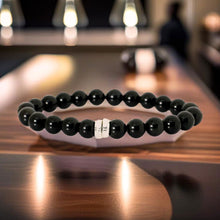 Load image into Gallery viewer, Black Obsidian Double Flat Silver Bead Bracelet  (8 MM)