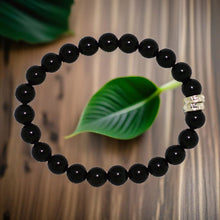 Load image into Gallery viewer, Black Obsidian Double Flat Silver Bead Bracelet  (8 MM)