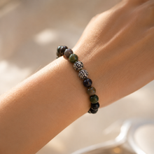 Load image into Gallery viewer, Indian Agate Stone Silver Bead Bracelet 8MM worn on a female wrist in natural daylight showcasing elegant everyday style by MysticFlavia