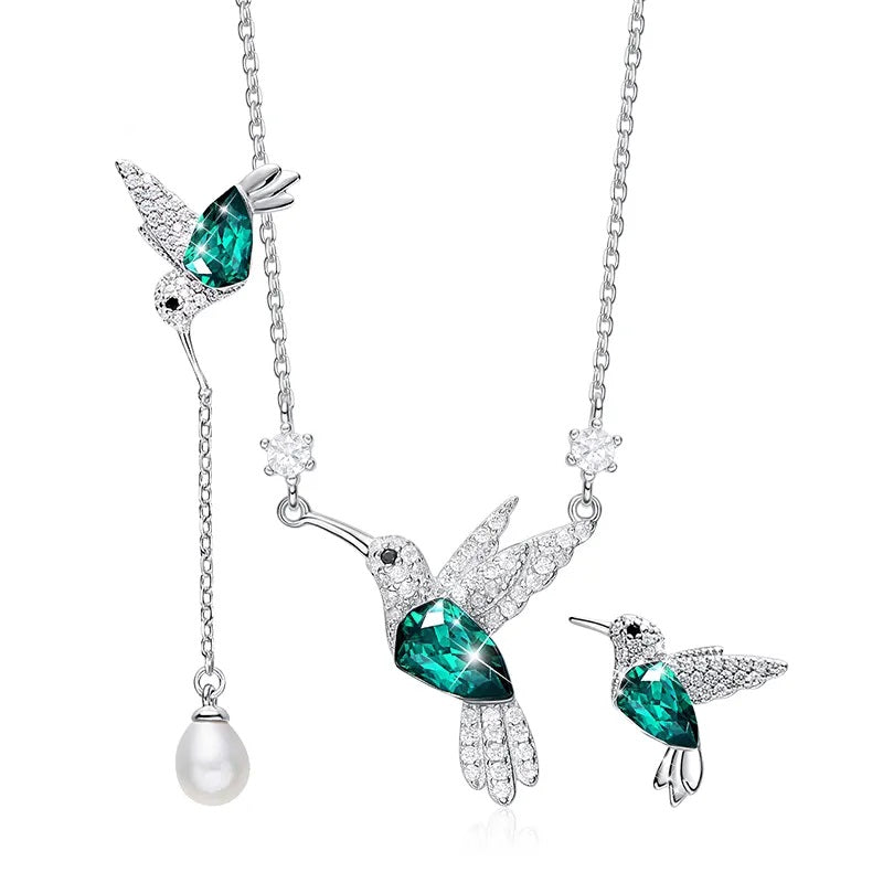 Green Bird Swarovski Crystal Silver Necklace Set