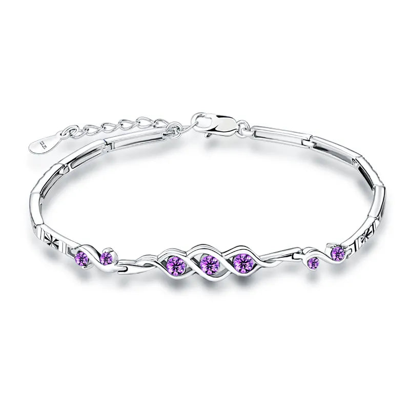 Purple White Zircon Heart Adjustable Silver Bracelet