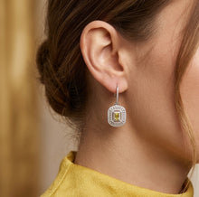 Load image into Gallery viewer, 925 sterling silver dangling earring with yellow rectangular gemstone and pavé square frame on ear