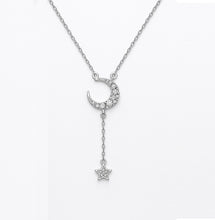 Load image into Gallery viewer, Moon & Star White Zircon Studded Silver Necklace