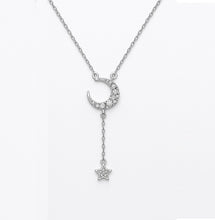 Load image into Gallery viewer, Moon & Star White Zircon Studded Silver Necklace