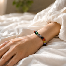 Load image into Gallery viewer, Multi Colour Agate Stone Silver Bead Bracelet 8mm worn on a female wrist showing vibrant natural agate beads and sterling silver beads