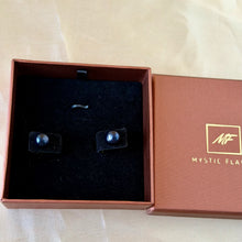 Load image into Gallery viewer, Natural black pearl stud earrings in a premium MysticFlavia jewelry box