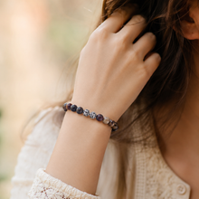 Load image into Gallery viewer, MysticFlavia Picasso jasper stone silver bead bracelet 8MM worn on a woman's wrist