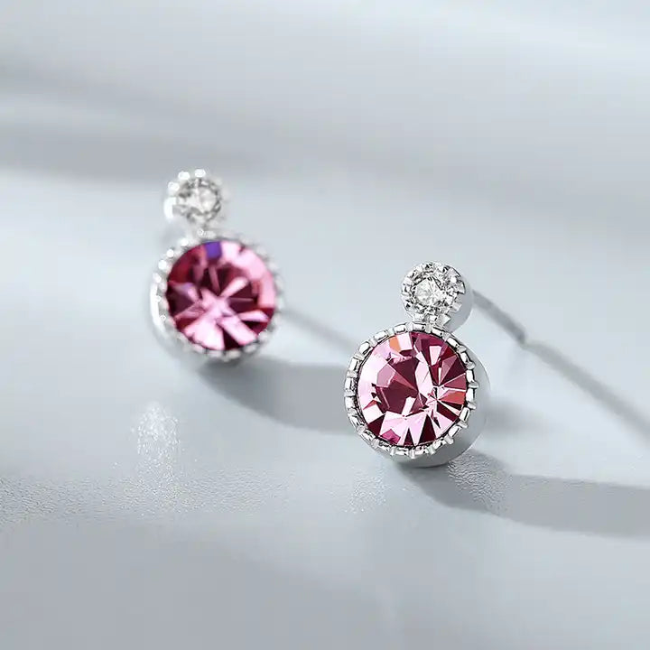 Pink Swarovski Crystal Circle Silver Earrings