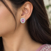Load image into Gallery viewer, Pink oval gemstone 925 sterling silver stud earring worn on a model ear