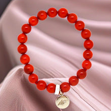 Load image into Gallery viewer, Red Coral Stone Flat Silver Bead Bracelet (8 MM)