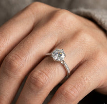 Load image into Gallery viewer, Roman_Solitaire_Band_MOISSANITE_Silver_Ring worn by a women