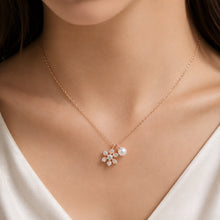 Load image into Gallery viewer, Rose gold snowflake pearl pendant silver necklace worn on a model