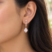 Load image into Gallery viewer, Rose Gold White Zircon Drop Earring worn on a model’s ear.