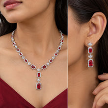 Load image into Gallery viewer, Red Ruby Rectangular Zircon Silver Necklace Set Worn on Model with Matching Earrings