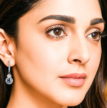 Load image into Gallery viewer, Sapphire Blue Dangling Hoop Silver Earrings