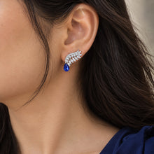 Load image into Gallery viewer, Blue Sapphire Gemstone Silver Double Earrings worn on a model ear with blue teardrop gemstone