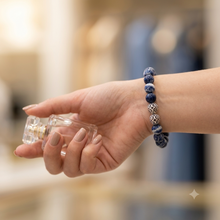 Load image into Gallery viewer, Woman wearing Sodalite Matte Stone Silver Bead Bracelet 12MM with 925 sterling silver beads by MysticFlavia
