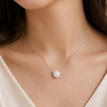 Load image into Gallery viewer, White Zircon Round Natural Pearl Silver Necklace on Model, crafted in 925 sterling silver