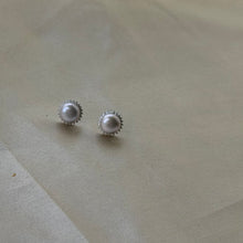Load image into Gallery viewer, White natural pearl silver stud earrings with a delicate halo setting