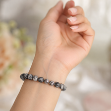 Load image into Gallery viewer, MysticFlavia Sesame jasper stone silver bead bracelet 8MM worn on the wrist