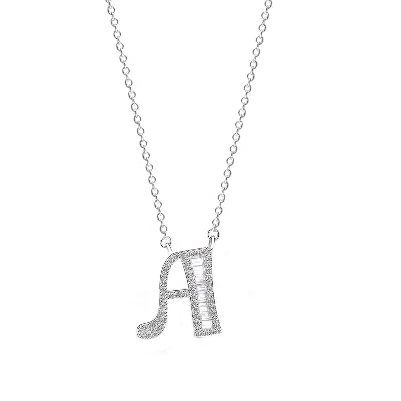 Initials Alphabet  A-G Pendant Zircon Silver Necklace