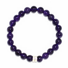 Load image into Gallery viewer, Round amethyst bracelet with deep purple beads and silver spacers on white background by MysticFlavia