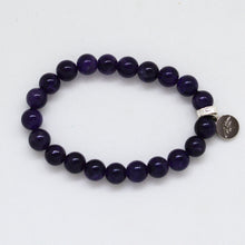 Load image into Gallery viewer, Natural amethyst bead bracelet with 925 sterling silver spacer and round charm