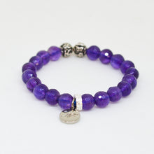 Load image into Gallery viewer, Angled view of purple gemstone bracelet with 925 sterling silver charm and spacer beads