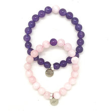 Load image into Gallery viewer, Amethyst and Rose Quartz couple bracelet set with round beads and silver MF charms, MysticFlavia