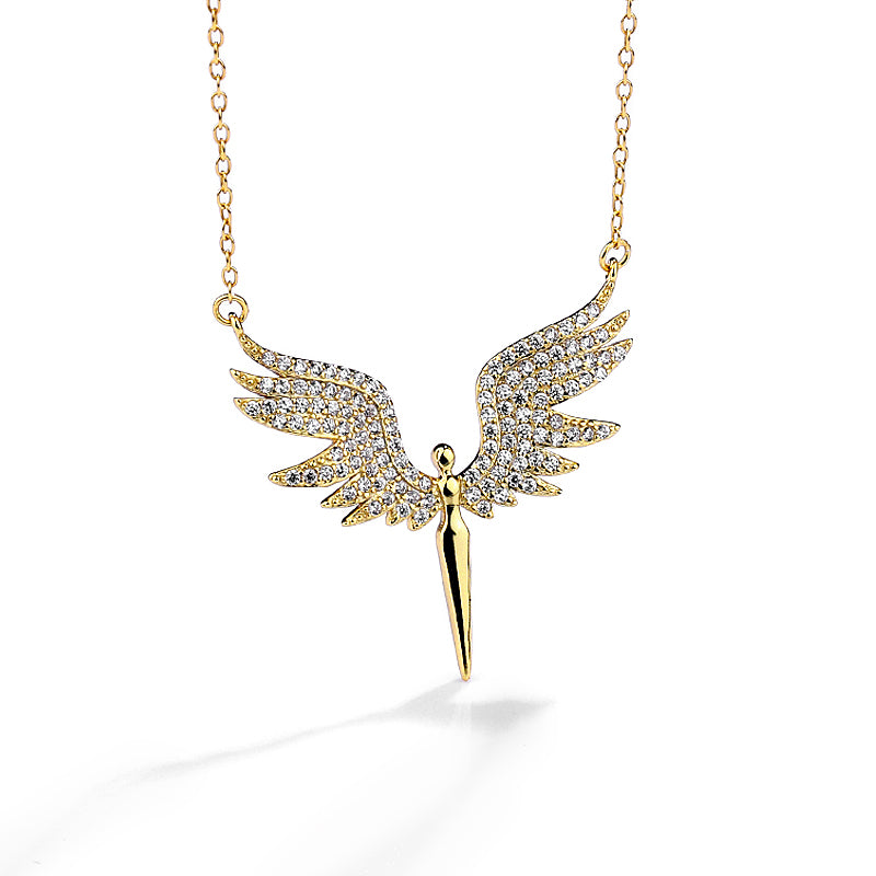18 K Gold Angel Wings Paved Zircon Silver Necklace
