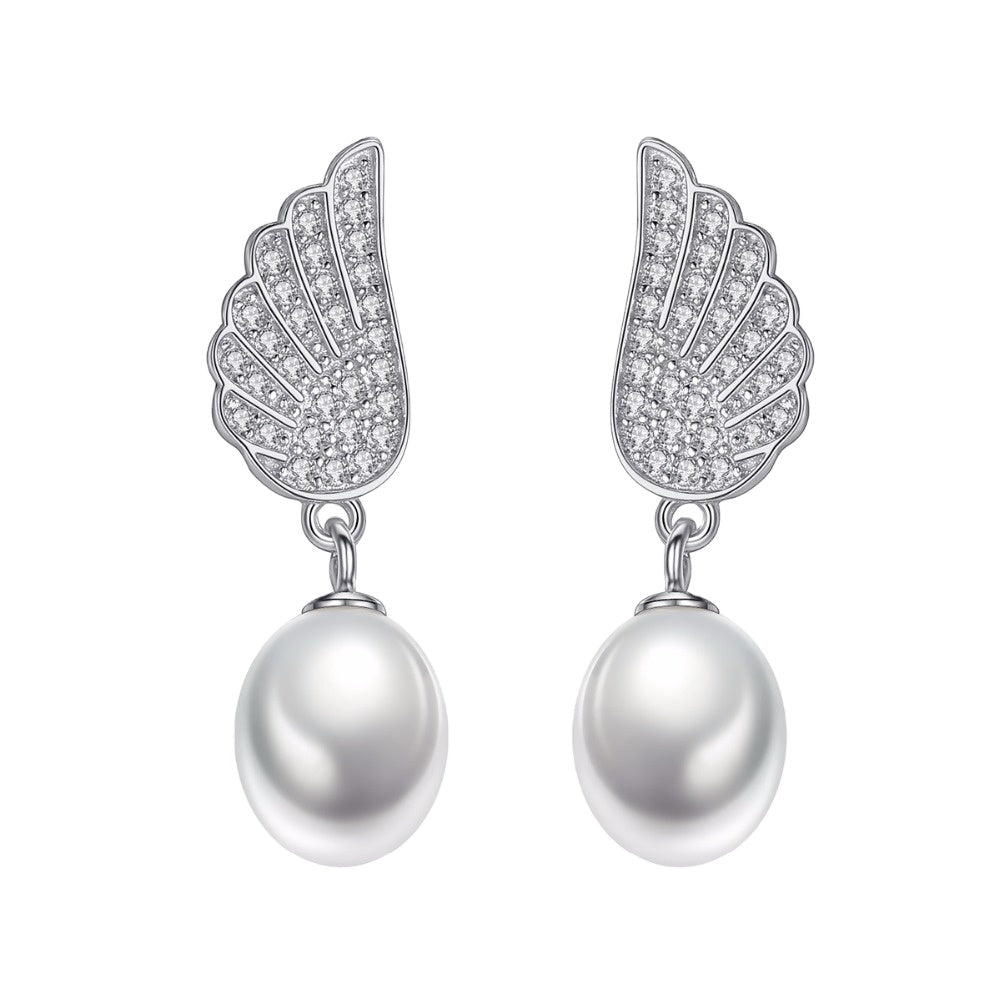 Angel Wings Natural Pearl Zircon Silver Earrings