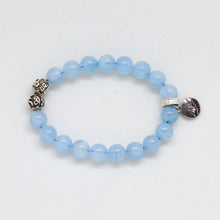 Load image into Gallery viewer, Natural aquamarine birthstone bracelet with 925 sterling silver carved beads and round charm, side view on white background