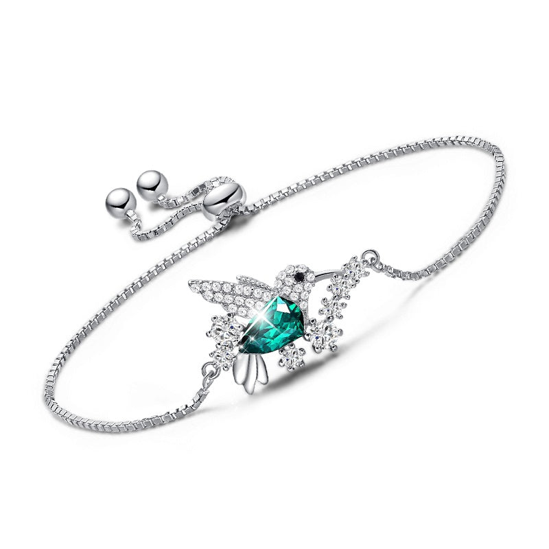 Green Bird Swarovski Crystal Silver Bracelet