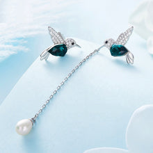 Load image into Gallery viewer, Green Bird Swarovski Crystal Pearl Silver Earrings
