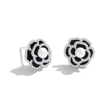 Load image into Gallery viewer, Flowery Black Rose Stud Pearl Silver Earrings