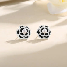 Load image into Gallery viewer, Flowery Black Rose Stud Pearl Silver Earrings