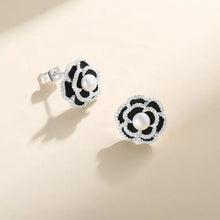 Load image into Gallery viewer, Flowery Black Rose Stud Pearl Silver Earrings
