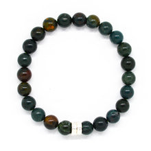 Load image into Gallery viewer, MysticFlavia bloodstone bracelet with dark green-red speckled beads and small double silver bead clasp, white background