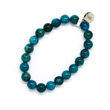 Load image into Gallery viewer, Blue Apatite Stone Flat Silver Bead Bracelet 8mm by MysticFlavia with polished natural blue apatite gemstone beads, flat 925 sterling silver bead, and logo charm.