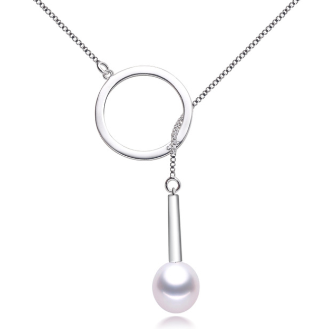 Circle au Pearl Pendant Lariat Silver Necklace