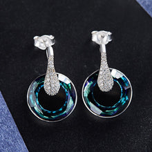 Load image into Gallery viewer, Teal Circle Swarovski Crystal Dangling Silver Earrings