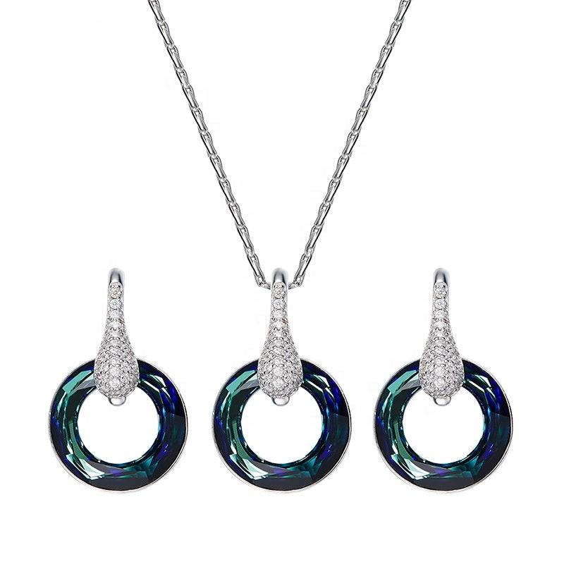 Teal Circle Pendant Swarovski Crystal Silver Necklace Set