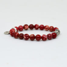 Load image into Gallery viewer, Hued Red Jasper Stone Silver Bead Bracelet (8 MM)