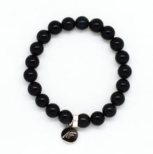 Load image into Gallery viewer, MysticFlavia black tourmaline flat silver beads bracelet with round charm, white background