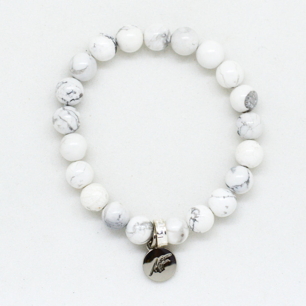 White Howlite Flat Silver Bead Bracelet (8 MM)