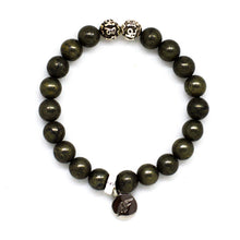 Load image into Gallery viewer, MysticFlavia natural pyrite stone silver beads bracelet with round charm, white background